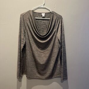 Chico’s Grey Shimmering Long Sleeve Scoop Neck Blouse Shirt Cowl Foil